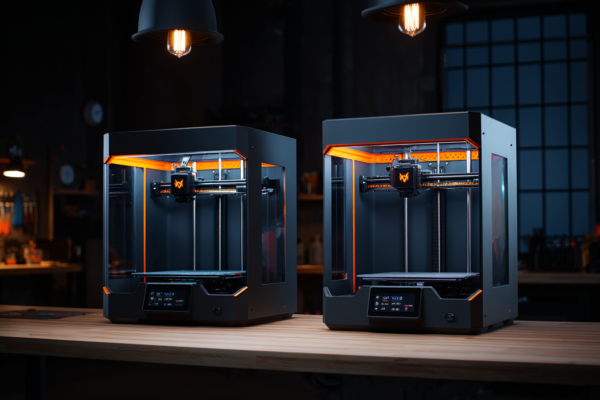 Bambu Lab vs Prusa 3D printer comparison — two enclosed CoreXY printers side by side