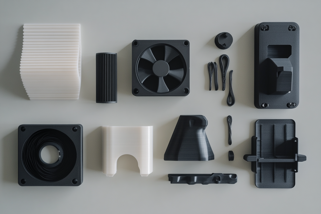 3D printed parts from the Bambu Lab P2S — PLA and PETG flat lay