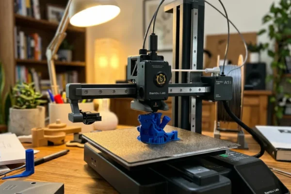 Bambu Lab A1 Mini printing on a desk during review testing