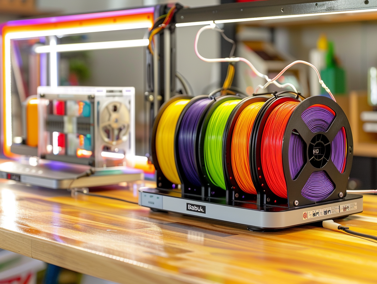 Bambu Lab AMS Lite multicolor filament hub with four spools loaded