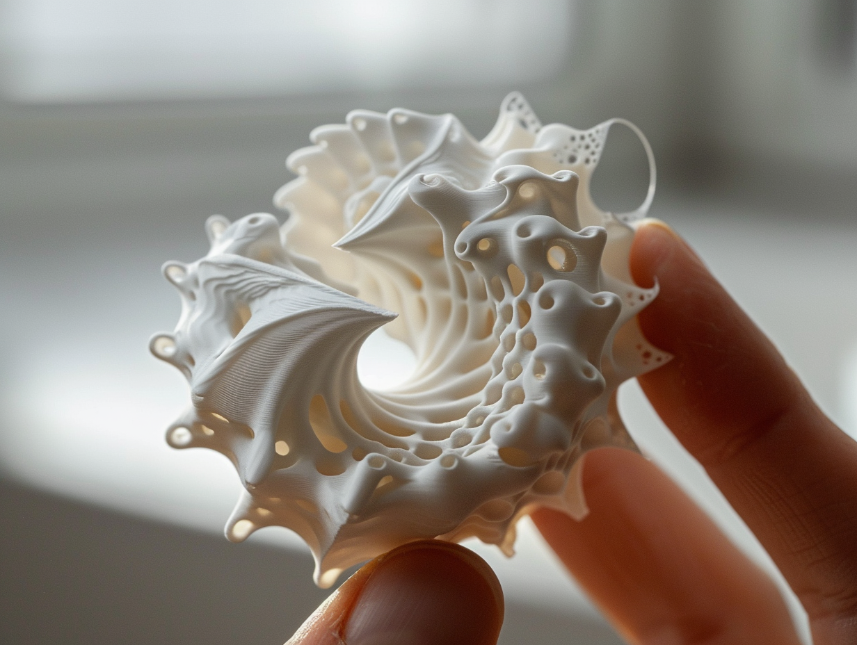 Close-up of a detailed 3D printed part showing layer quality from the Bambu A1 Mini