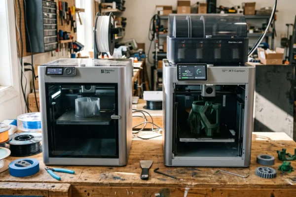 Bambu P1S and X1C printers side by side on a workbench