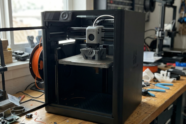 Bambu Lab P2S 3D printer on a wooden workshop desk mid-print