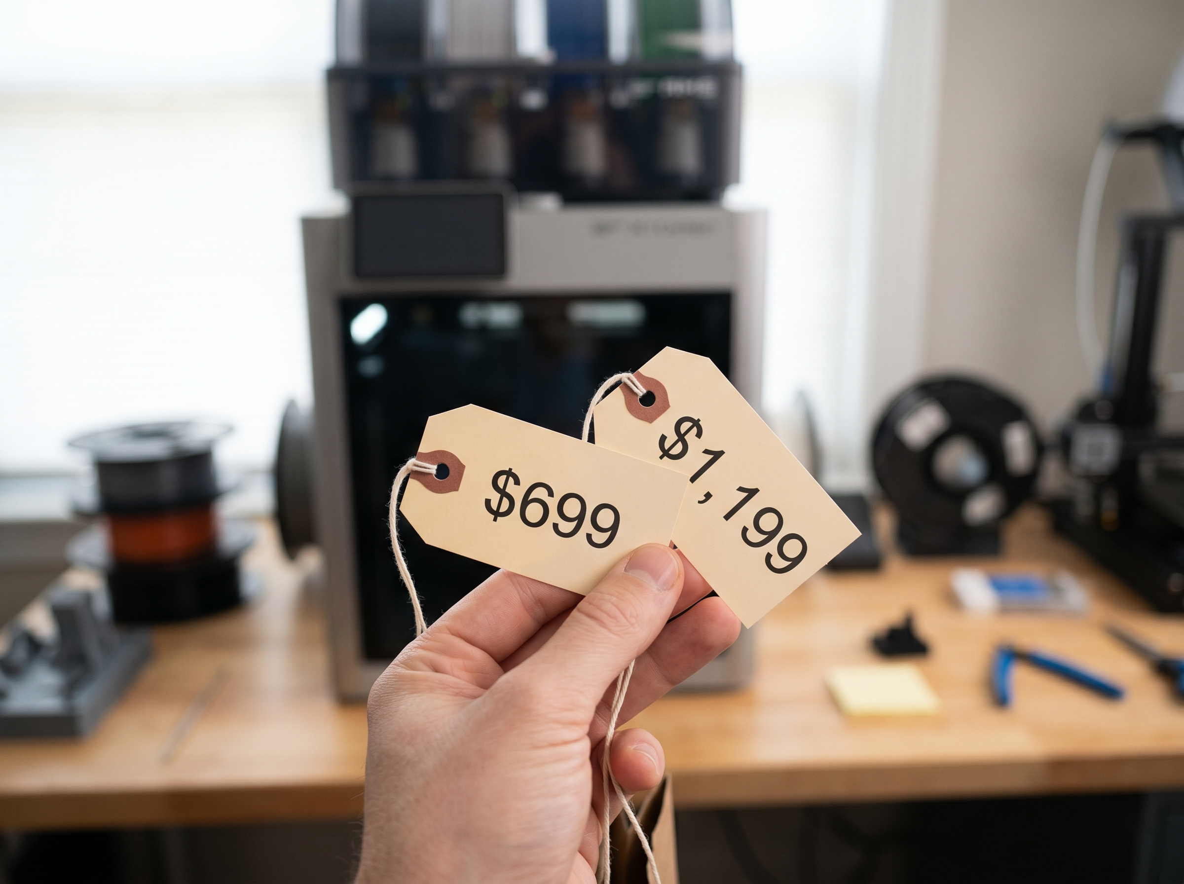 Comparing price tags of $699 and $1199 representing the Bambu P2S vs X1C buying decision