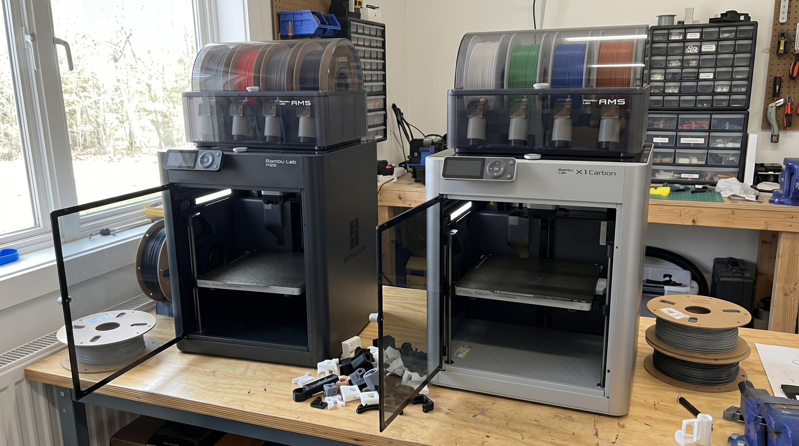 Bambu Lab P2S and X1 Carbon 3D printers side by side on a maker's workshop desk