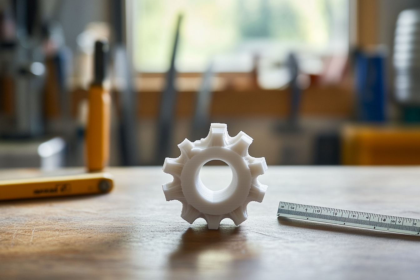 3D printed mechanical gear on a wooden workshop desk with ruler for scale