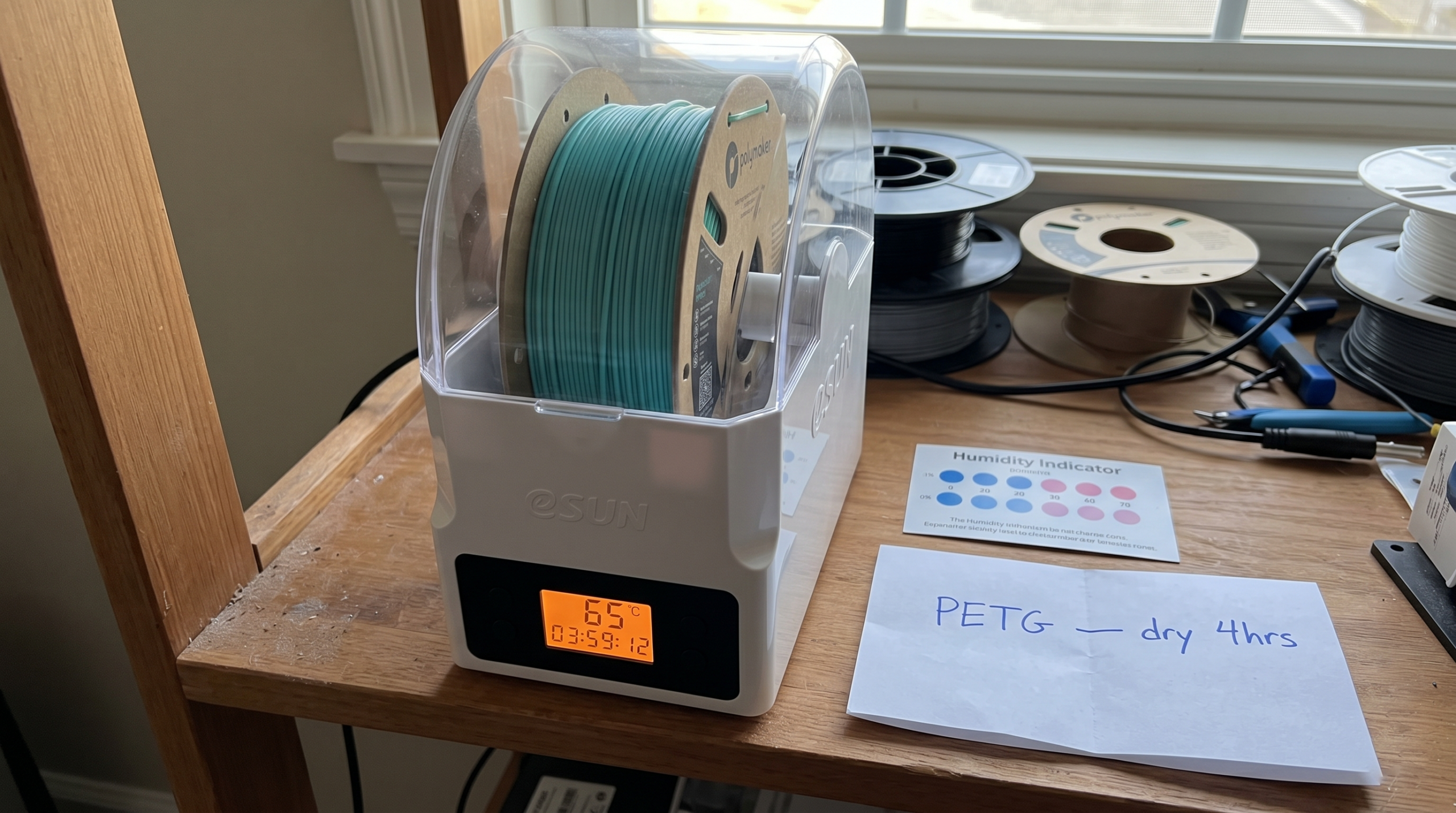 eSun eDryer Box drying PETG filament at 65 degrees C
