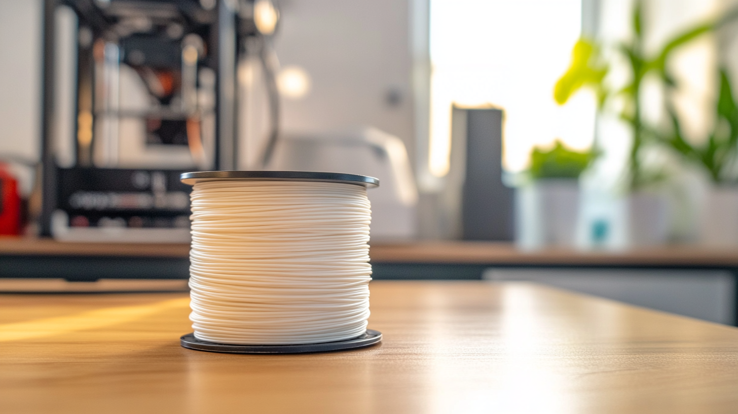 Close-up of a white PLA filament spool on a workshop desk