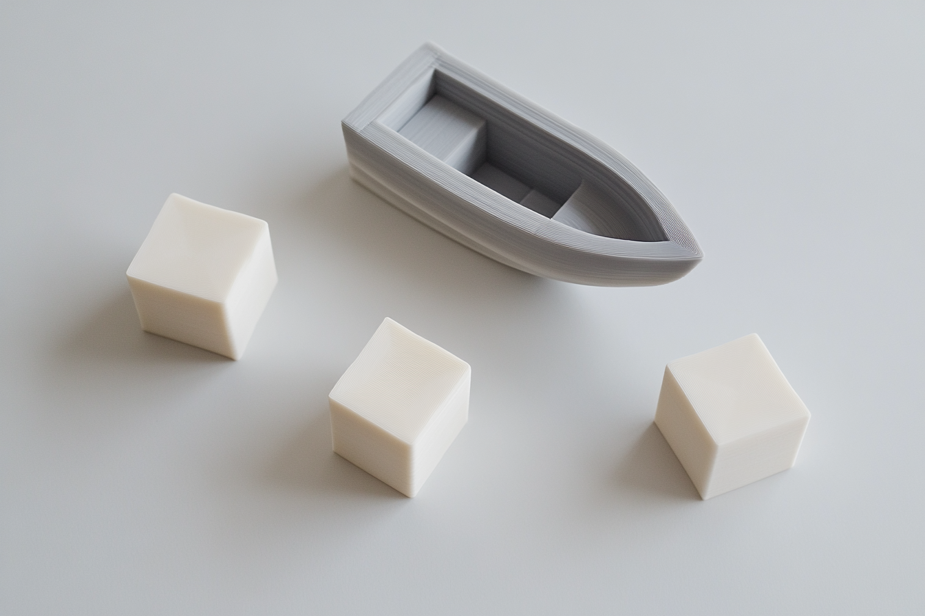 3D printed test cubes and benchy boat showing PLA print quality comparison
