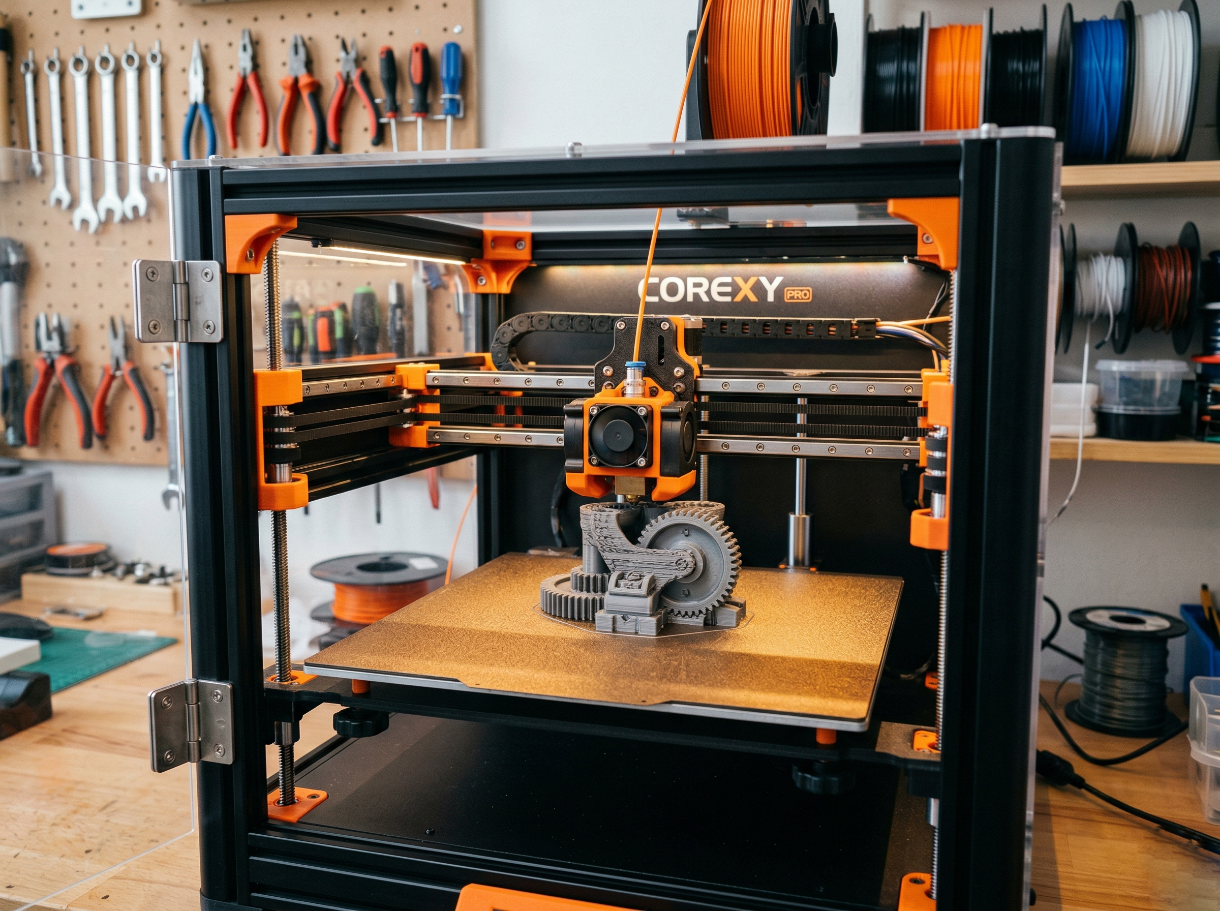 Interior of the Prusa Core One enclosure showing a detailed part mid-print on the build plate