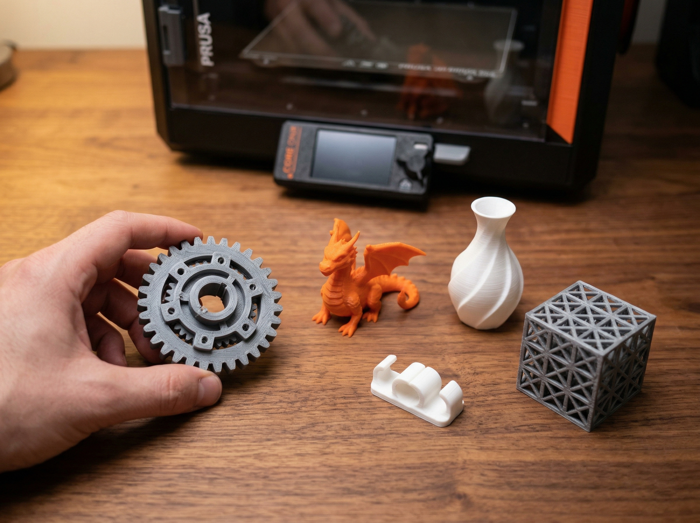 Several 3D printed objects printed on the Prusa Core One — gear, figurine, functional parts