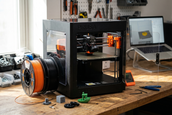 Prusa Core One 3D printer on a wooden maker's desk with filament spools and printed parts