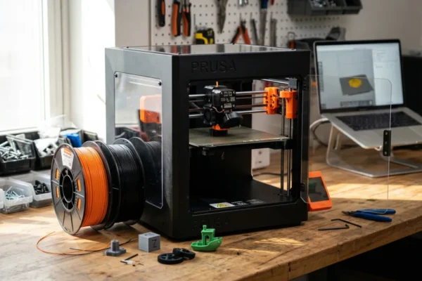 Prusa Core One 3D printer in a workshop review setup