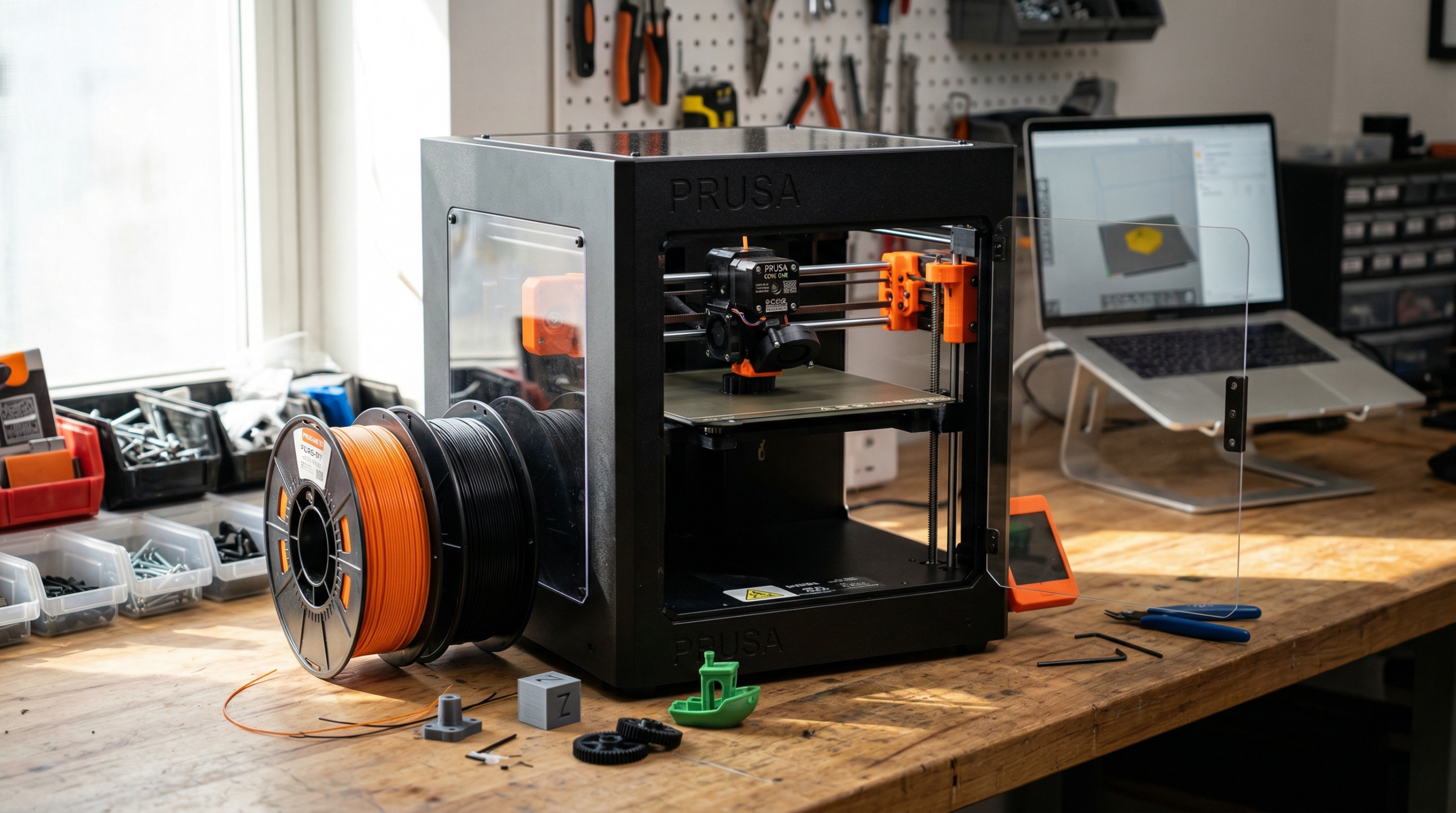Prusa Core One 3D printer on a wooden maker's desk with filament spools and printed parts