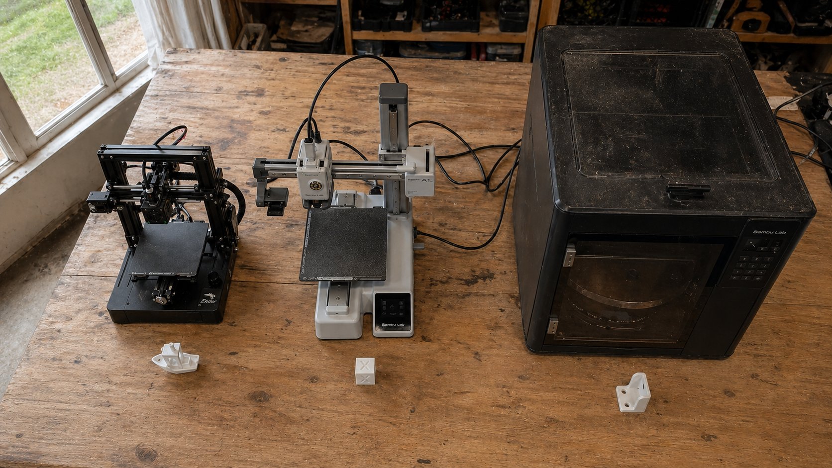 Three 3D printers side by side on a workshop bench with printed test objects