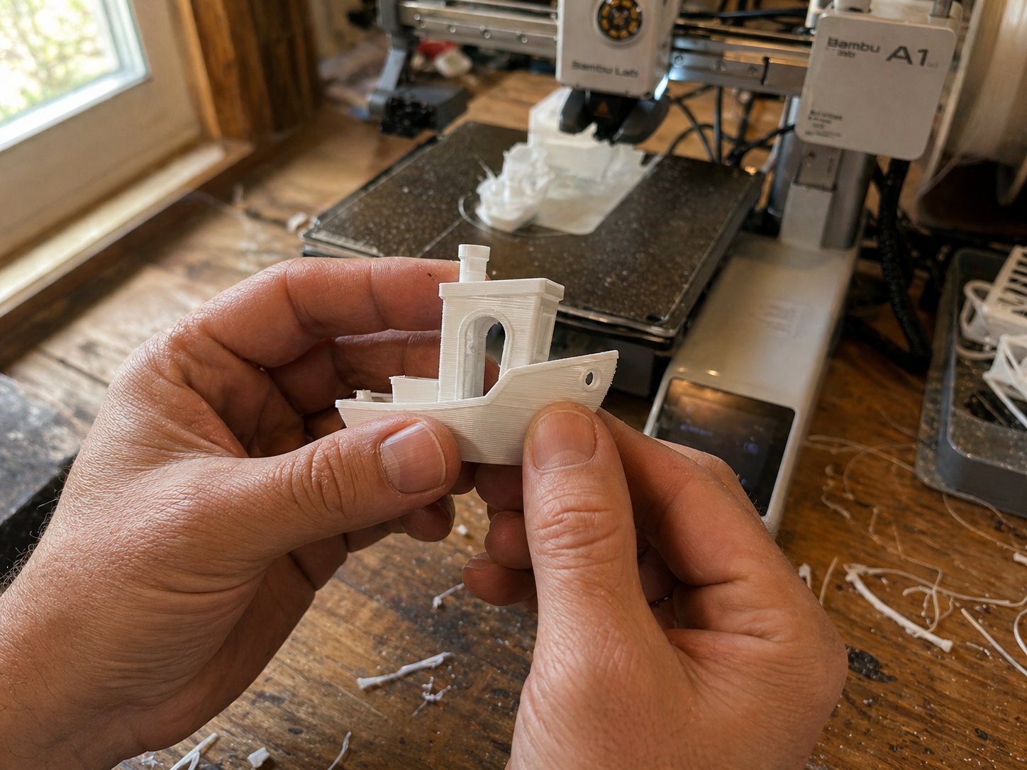 Hands examining layer lines on a 3D printed benchy boat
