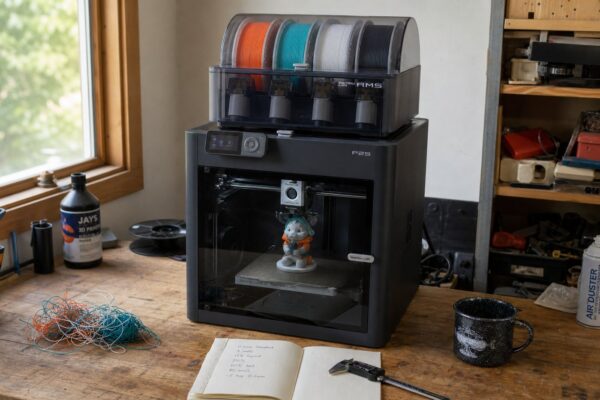 Bambu Lab P2S 3D printer with AMS multi-material unit on top, four colored filament spools loaded, mid-print