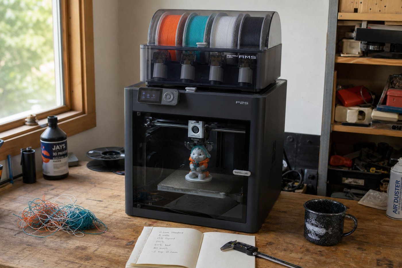 Bambu Lab P2S 3D printer with AMS multi-material unit on top, four colored filament spools loaded, mid-print