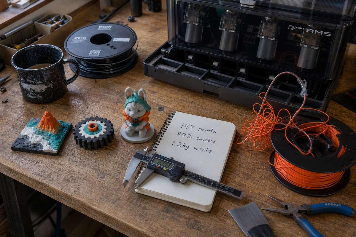 Hobbyist workbench with finished AMS multi-color prints, digital caliper on notebook reading 147 prints 89% success 1.2kg waste